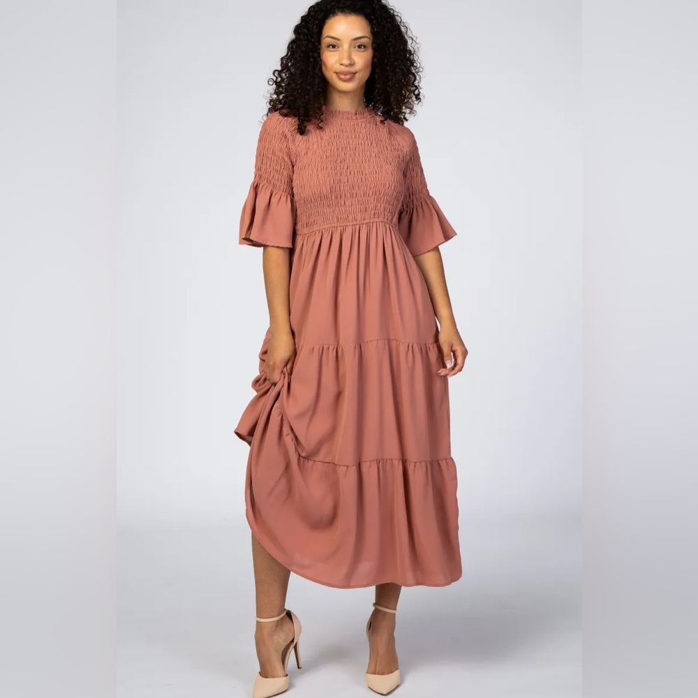 Smocked Pleated Tier Midi Dress